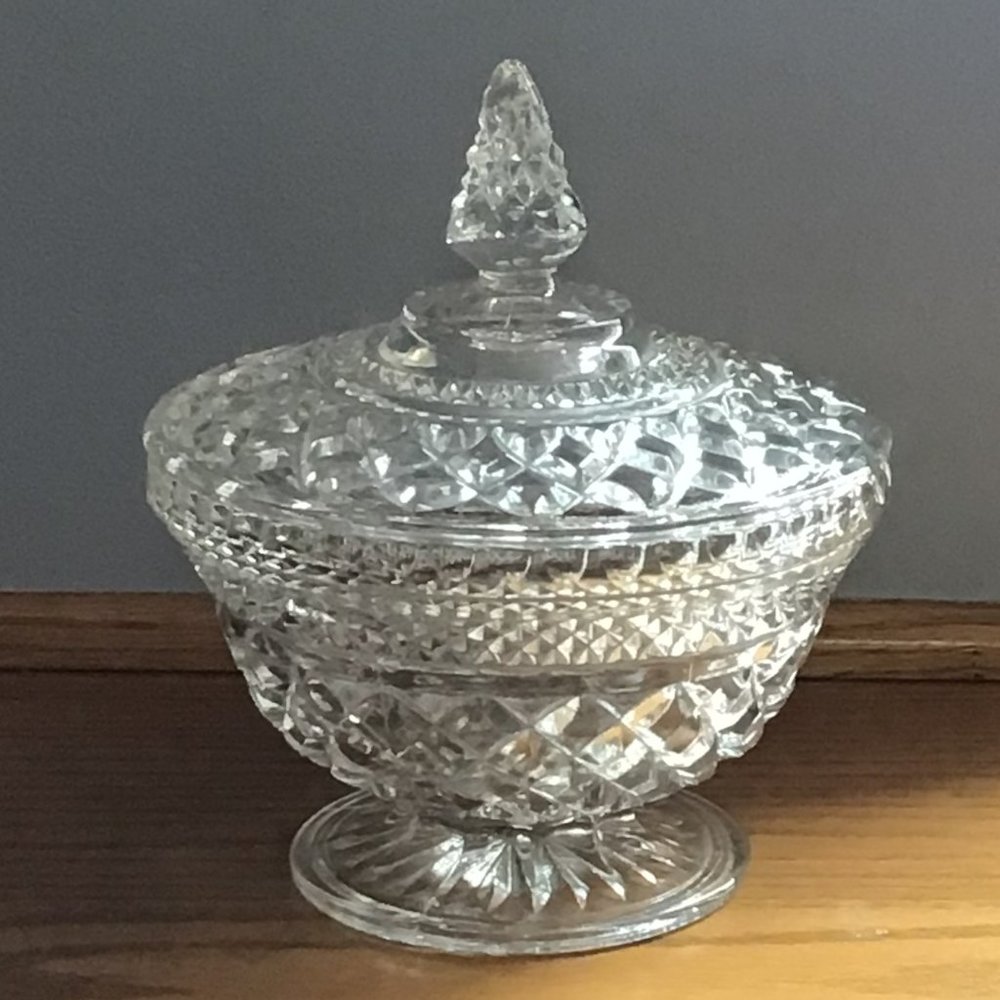 Vintage glass candy dish with lid